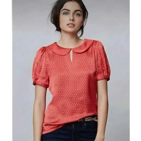 Karen Walker Tops - Hi There by Karen Walker | Red Satin Polka Dot Peter Pan Collar Blouse Size 4